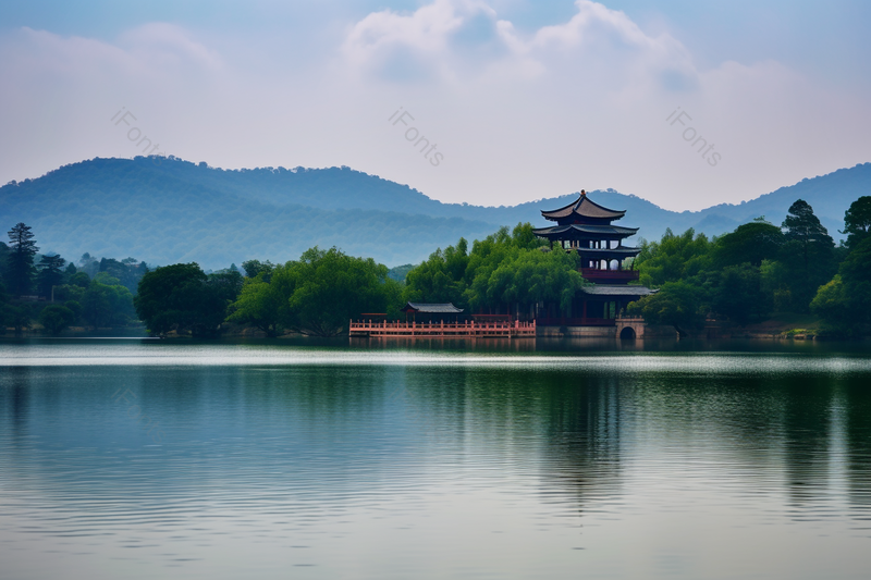 中国风中式古建筑风景风光大气旅游风景区出游清晰的摄影图高清的图片绿色的树林树木湖边上的树蓝天白云天空,高清,摄影图,摄影图片,图片大全,摄影图免费下载